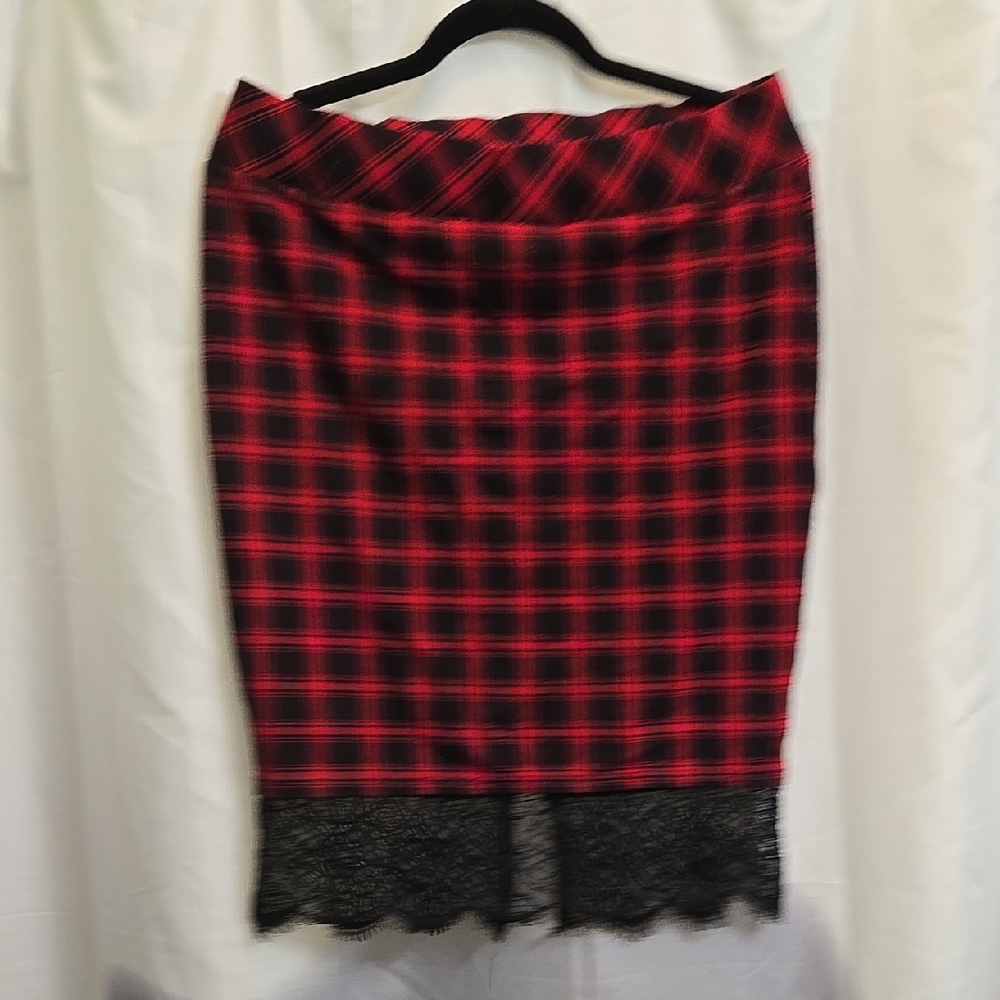 Plaid Red and Black Skirt with Lace Trim